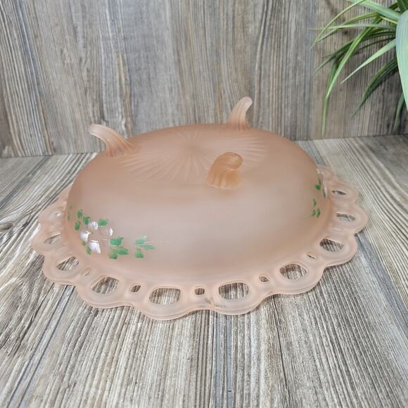 Vintage Lace Edge Bowl, Frosted Pink Floral Depression Glass Anchor Hocking - Picture 6 of 7